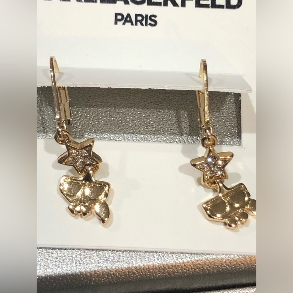 Karl Lagerfeld gold tone cz star‎ shape miniature Karl dangling earrings new